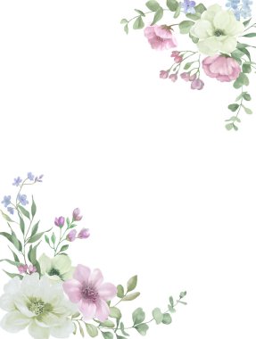 Şakayıklı suluboya çerçeve, okaliptüs yapraklı. Beyaz arka planda el çizimi illüstrasyon. Vektör EPS.