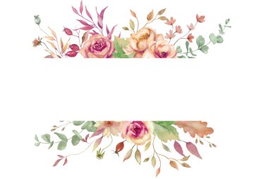 Sonbahar suluboya çiçek çerçevesi. Beyaz arka planda el çizimi illüstrasyon. Vektör EPS.