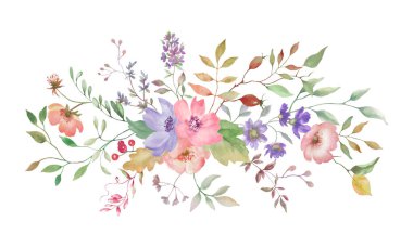 Suluboya çiçek kompozisyonu. El çizimi sonbahar çizimi beyaz arka planda izole edilmiş. Vektör EPS.