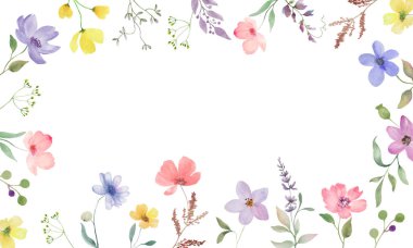 Şirin çiçekli suluboya çerçeve. Beyaz arka planda el çizimi illüstrasyon. Vektör EPS.