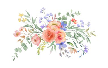 Suluboya çiçekler. El çizimi çiçek çizimi. Tebrik kartı için okaliptüs yapraklı botanik kompozisyonu.