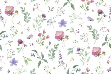 Kusursuz suluboya deseni. Beyaz arka planda izole edilmiş el çizimi çiçek çizimi. Vektör EPS.