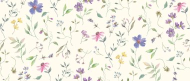 Kusursuz suluboya deseni. Pastel arka planda el çizimi çiçek çizimi var. Vektör EPS.