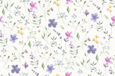 Kusursuz suluboya deseni. Pastel arka planda elde kurutulmuş çiçek illüstrasyonu vektör EPS.