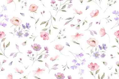 Kusursuz suluboya deseni. Beyaz arka planda izole edilmiş el çizimi çiçek çizimi. Vektör EPS.