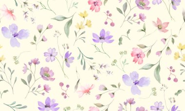 Kusursuz suluboya deseni. Pastel arka planda el çizimi çiçek çizimi var. Vektör EPS.