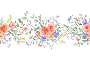 Kusursuz suluboya çiçekli kenar. El çizimi resimleme beyaz arkaplanda izole edildi.