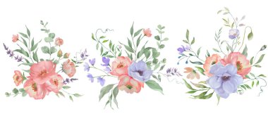 Set of watercolor premade floral  compositions. Hand drawn illustration isolated on white background. clipart