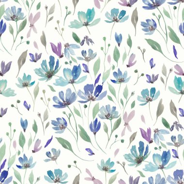 Mavi soyut kır çiçekleriyle kusursuz suluboya desenleri. Pastel arka planda el çizimi çiçek çizimi var. Vektör EPS.