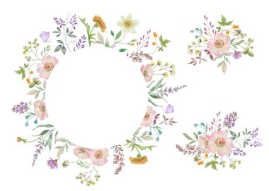 Çiçek desenli suluboya. El çizimi resimleme beyaz arkaplanda izole edildi.