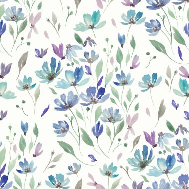 Mavi çiçekli kusursuz suluboya deseni. El çizimi, pastel arka planda izole edilmiş şirin bir illüstrasyon. Vektör EPS.