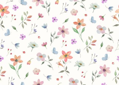 Kusursuz suluboya deseni. Pastel arka planda el çizimi çiçek çizimi var. Vektör EPS.