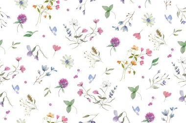 Kusursuz suluboya deseni. Beyaz arka planda izole edilmiş el çizimi çiçek çizimi. Vektör EPS.