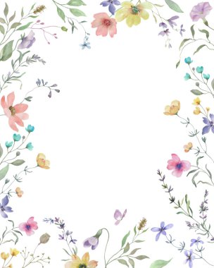 Renkli çiçek desenli suluboya bir çerçeve. El çizimi çizimi. Vektör EPS.