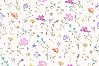 Renkli kır çiçekleriyle suluboya kusursuz desen. Pastel arka planda el çizimi illüstrasyon. Vektör EPS.