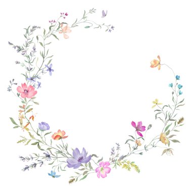 Renkli kır çiçekleriyle suluboya çelenk, kelebek. El çizimi çizimi. Vektör EPS.