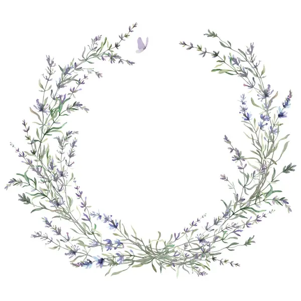 Lavantalı suluboya çelenk. Provence çiçekleri, davetiyeler, tebrik kartları için. El çizimi illüstrasyon. 