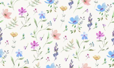 Tatlı çiçekli kusursuz suluboya deseni. Pastel arka planda elle çizilmiş çiçek çizimi. Vektör EPS.