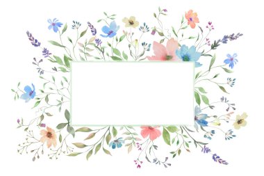 Narin kır çiçekleriyle suluboya çiçek çerçevesi. El çizimi illüstrasyon. 