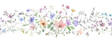 Rengarenk kır çiçekleriyle kusursuz suluboya sınırı. El çizimi çizimi. Vektör EPS.