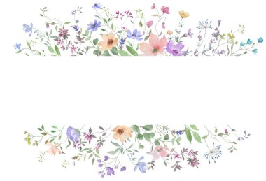 Narin kır çiçekleriyle suluboya çiçek çerçevesi. El çizimi çizimi. Vektör EPS.