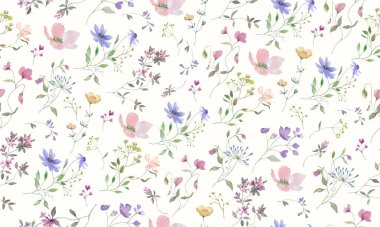 Renkli kır çiçekleriyle kusursuz suluboya deseni. Elle çizilmiş çiçek çizimi. Vektör EPS.