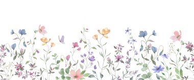 Renkli kır çiçekleriyle suluboya kusursuz bir sınır. El çizimi çizimi. Tebrik kartları, davetiyeler için. Vektör EPS.