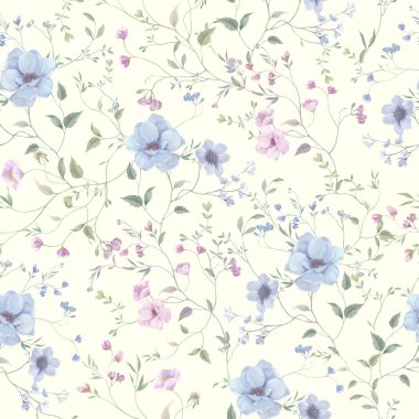 Pembe ve mavi çiçekli kusursuz suluboya deseni. El çizimi çiçek çizimi. 