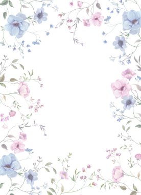  Pembe ve mavi çiçekli suluboya bir çerçeve. Elle çizilmiş çiçek çizimi. Vektör EPS.