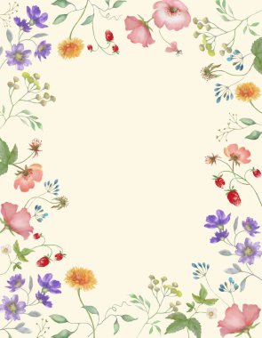  Şirin kır çiçekleriyle suluboya çiçek çerçevesi. Pastel arka planda elle çizilmiş çiçek çizimi. vektör EPS.