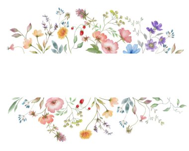  Şirin kır çiçekleriyle suluboya çiçek çerçevesi, gül kalçası. Beyaz arka planda el çizimi çiçek çizimi var. Vektör EPS.