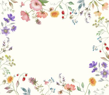  Şirin kır çiçekleriyle suluboya çiçek çerçevesi, gül kalçası. Pastel arka planda elle çizilmiş çiçek çizimi. Vektör EPS.,