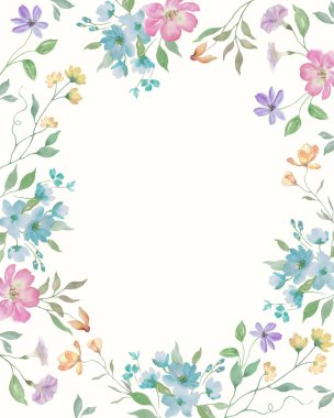  Şirin kır çiçekleriyle suluboya çiçek çerçevesi, gül kalçası. Pastel arka planda elle çizilmiş çiçek çizimi. Vektör EPS.