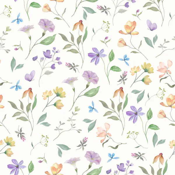 Şirin kır çiçekleri ve kelebeklerle kusursuz suluboya desenleri. Pastel arka planda elle çizilmiş çiçek çizimi. Vektör EPS.