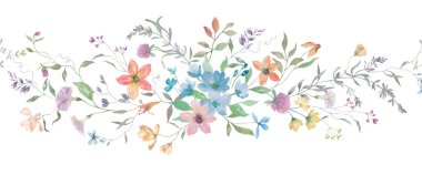 Renkli kır çiçekleriyle suluboya kusursuz bir sınır. El çizimi çizimi. Tebrik kartları, davetiyeler için. Vektör EPS.