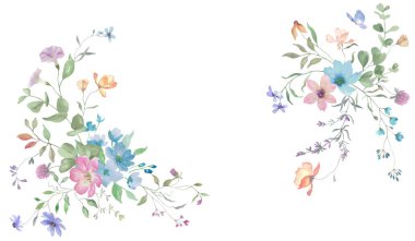 Şirin kır çiçekleriyle suluboya çiçek çerçevesi. Elle çizilmiş çiçek çizimi. Vektör EPS.