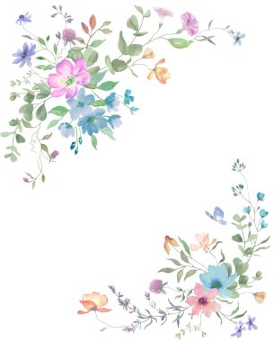  Şirin kır çiçekleriyle suluboya çiçek çerçevesi. Elle çizilmiş çiçek çizimi. Vektör EPS.