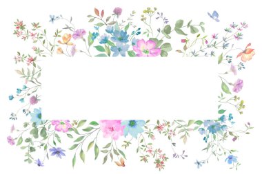  Şirin kır çiçekleriyle suluboya çiçek çerçevesi. Elle çizilmiş çiçek çizimi. Vektör EPS.