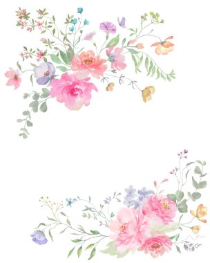  Çiçek desenli suluboya, yumuşak çiçekler, okaliptüs, şifalı otlar, kelebekler. Elle çizilmiş çiçek çizimi. Davetiyeler, tebrik kartları için. Vektör EPS.