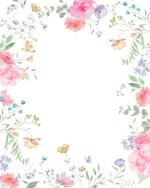 Çiçek desenli suluboya, yumuşak çiçekler, okaliptüs, şifalı otlar, kelebekler. Elle çizilmiş çiçek çizimi. Davetiyeler, tebrik kartları için. Vektör EPS.