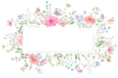Çiçek desenli suluboya. Elle çizilmiş pembe güller, okaliptüs yaprakları, bitkiler. Davetiyeler, tebrik kartları için. Vektör EPS.