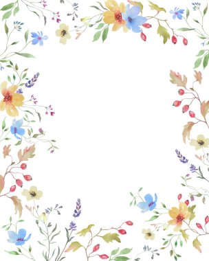 Kusursuz suluboya sınır, kır çiçekleri, otlar, sonbahar meyveleri. El çizimi çiçek çizimi. Vec tor EPS.