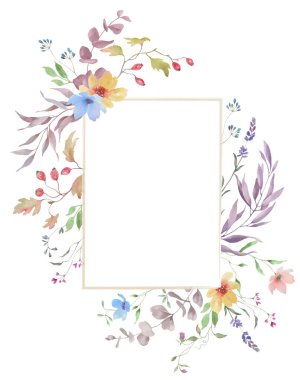  Çiçekli suluboya çerçeve, kır çiçekleri, otlar, sonbahar meyveleri. El çizimi çiçek çizimi. Vektör EPS.