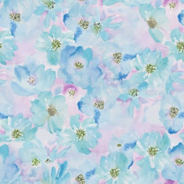 Soyut mavi çiçekli kusursuz suluboya deseni. El çizimi illüstrasyon.