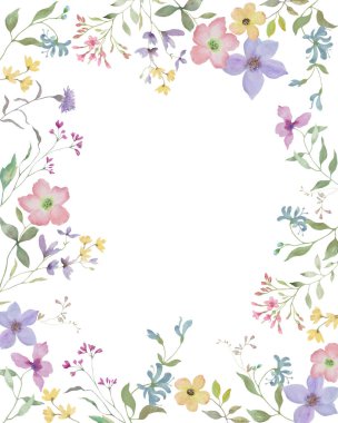  Şirin kır çiçekleriyle suluboya çiçek çerçevesi, otlar. El çizimi çiçek çizimi. Vektör EPS.