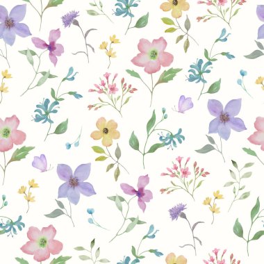 Şirin boyanmış çiçekli el çizimleriyle kusursuz suluboya desenler. Vektör EPS.