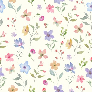 Güzel çiçekli kusursuz suluboya desenli el çizimi. Vektör EPS.