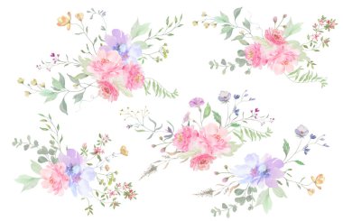 Pembe çiçekli suluboya çiçekler, okaliptüs yaprakları, kır çiçekleri, otlar. Davetiye ve tebrik kartı ayarlamaları. El çizimi çizimi. Vektör EPS.