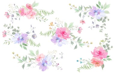 Çiçekli suluboya kutular, okaliptüs yaprakları, kır çiçekleri, bitkiler. Davetiye ve tebrik kartı ayarlamaları. El çizimi çizimi. Vektör EPS.