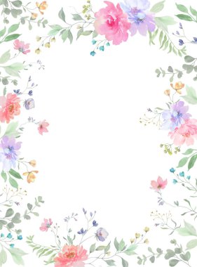 Resimli çiçekli suluboya çerçeve, okaliptüs yaprakları, kır çiçekleri, otlar. El çizimi çiçek çizimi. Vektör EPS.